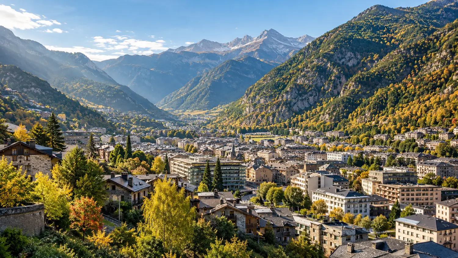 Ilustración de un paisaje urbano de Andorra rodeado por las montañas de los Pirineos